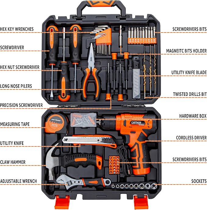 CARTMAN 150-Piece Household Tool Set with 8V Cordless Drill Driver Kit, Complete Hand Tool Set for Home Maintenance, DIY Projects, Orange