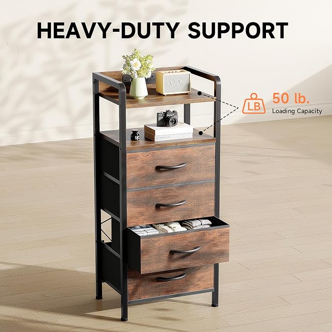 Lazzanto Night Stand Bedside Table Bedroom - Tall Nightstand with Charging Station & LED Light Strip, Bed Side Table with Storage Shelf & 4 Drawers, End Table with U-S-B Ports & AC Outlets, Brown