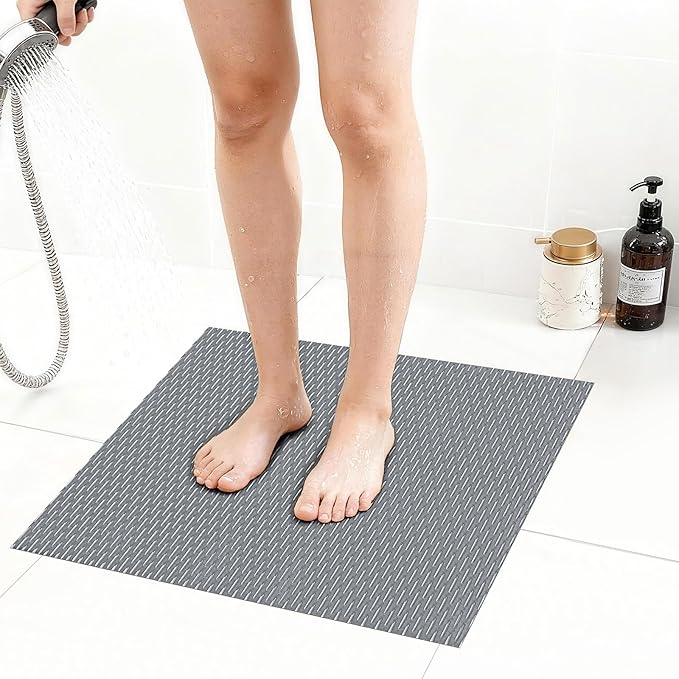 Extra Large Non-Slip Shower Mat, Fast-Dry PVC Bath Stall & Tub Mat, Drain-Hole Design,for Shower Stall Tub for Elderly/Kids，Non Slip Bathroom Safety Accessory，Gray 21"x21"