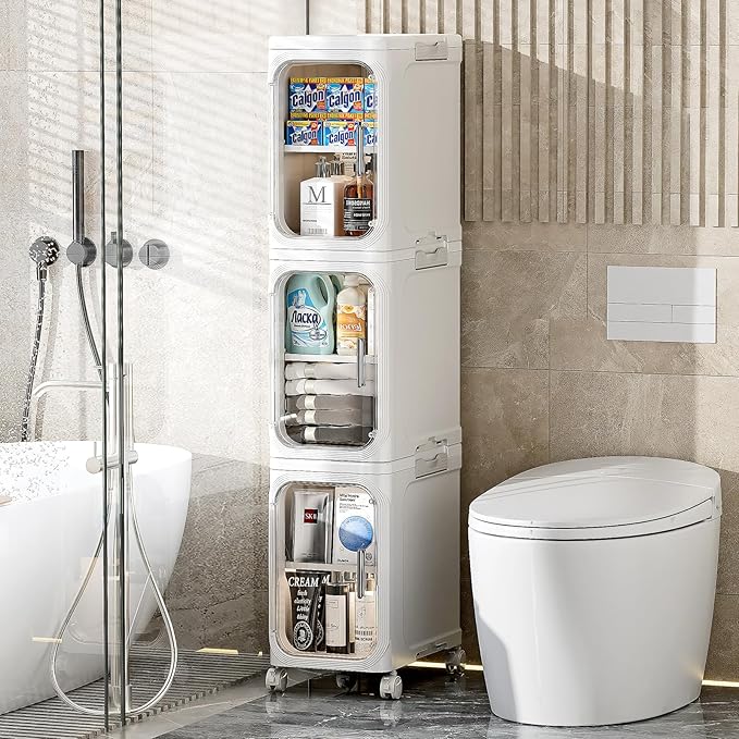 JOYZAN Narrow Bathroom Storage Cabinet with Movable Wheels, Slim Storage Cabinet with 2 Doors & Removable Panel, Skinny Bathroom Organizers and Storage for Small Space, Corner, Kitchen, Laundry