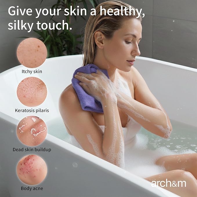 ARCH&M Exfoliating Washcloth & Body Scrubber for Shower (3 Pack) | Japanese Beauty Cloth for Deep Cleansing & Back Exfoliation (Orange x 3)