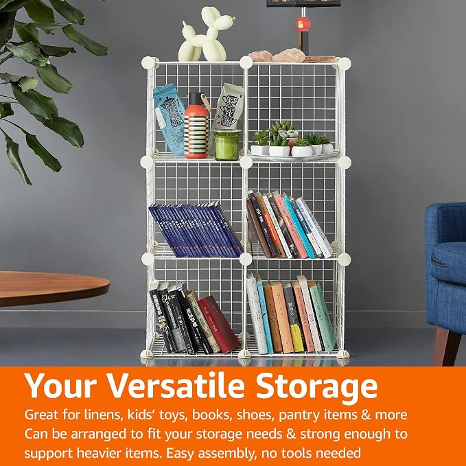 Amazon Basics Cube Wire Grid, 6-Cube, 12 x 12-Inches, White | Stackable, Storage Shelves