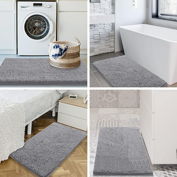 Smiry Luxury Chenille Bathroom Rugs 44x24, Extra Soft and Absorbent Shaggy Bath Mat, Machine Washable, Non-Slip Plush Carpet Runner for Tub, Shower, and Floor, Home Decor Accessories, Grey