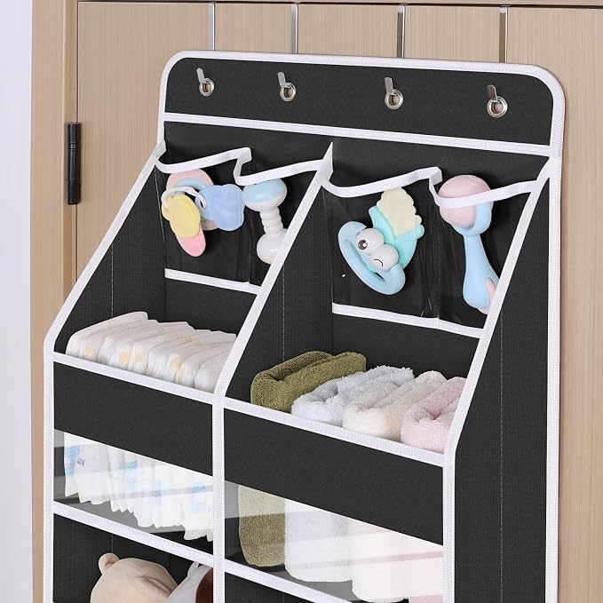 Univivi 6-Shelf Over Door Hanging Organizer Fabric Door Storage for Baby Nursery Nursery Closet Cabinet Wall Mount Hanging Storage Organizers with 10 Deep Pockets and 4 Small PVC Pockets(Black)
