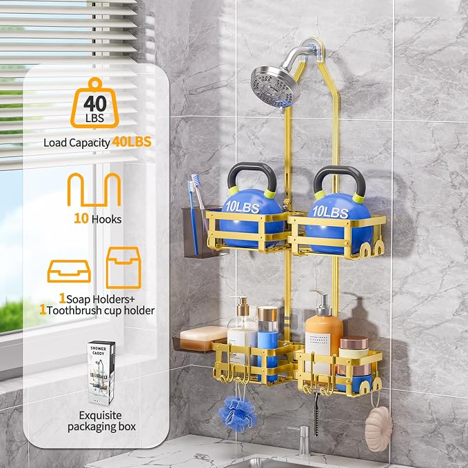 GAOKASE Aluminum Shower Caddy Hanging, Never Rust Shower Organizer- 4 Levels with adjustable Height 10 Hooks for Razor/Sponge - Rack with Soap Basket (Gold)