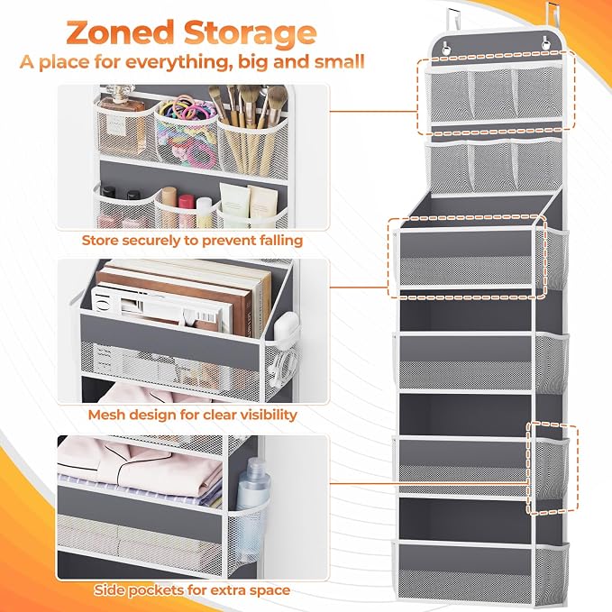 SpaceHacks 6-Tier Over the Door Organizer with Mesh Pockets, Baby Nursery Storage for Closet, Bathroom and Bedroom, Adjustable Hanging Closet Organizer for Cosmetics, Books and Essentials (Dark Grey)