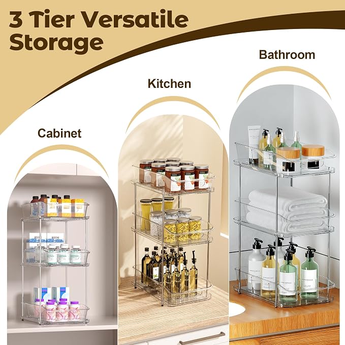 incostar 3 Tier Under Sink Organizer, 2 Pack 3 Tier | Pull-Out Storage, With Dividers, Slide-Out Clear Storage, For Cupboard Bathroom Vanities Cabinet