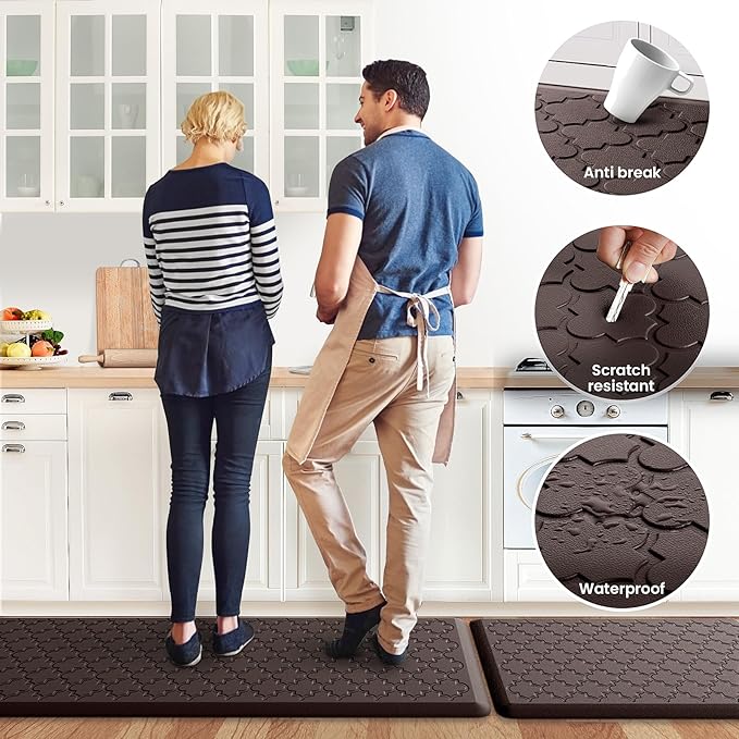 Kitchen Mat [2 PCS] Cushioned Anti-Fatigue Floor Mat Water Resistant Non-Skid Kitchen Mats and Rugs Ergonomic Comfort Foam Kitchen Rugs Standing Mat for Floor Office Sink (Chocolate,20"x30"+20"x47")