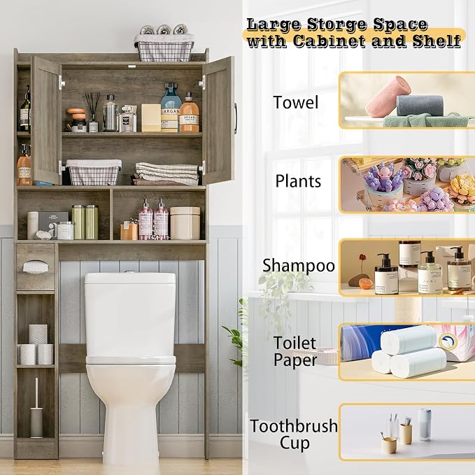 Vabches Over The Toilet Storage Cabinet, Farmhouse Storage Cabinet Over Toilet with 2 Barn Door & Toilet Paper Holder Stand, Home Space-Saving Rack, for Bathroom, Restroom (Grey).