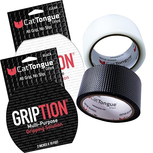 CATTONGUE GRIPS Non-Abrasive Grip Tape Roll - 2” Wide Heavy-Duty, Waterproof Anti-Slip Tape for Bathtubs, Stair Treads, Ramps & More - Indoor & Outdoor Non-Skid Solution (Black/Clear, 2 Pack)