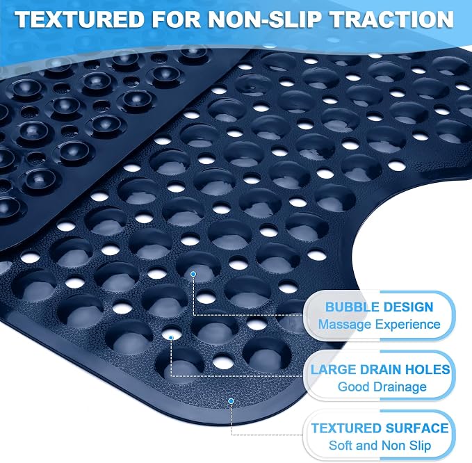 Bathtub and Shower Mats, 40x16 Inch Extra Large Non Slip Soft Bath Tub Mat with Suction Cups and Drain Holes for Bathroom Floor and Keep Tubs Clean, Machine Washable, Navy Blue
