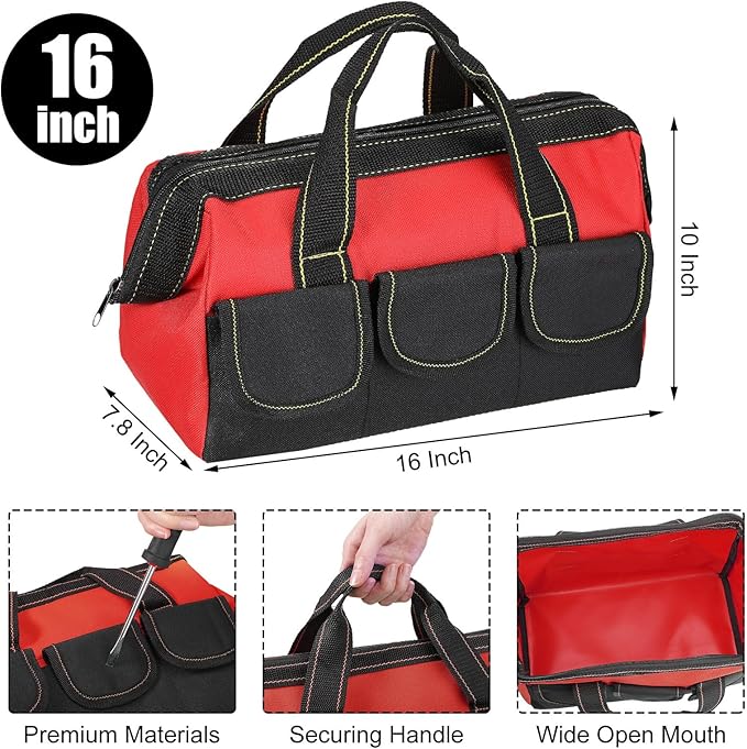 Sanwuta 3 Pack Tool Bag for Men with Waterproof Hard Bottom, Heavy Duty Tool Bag Wide Mouth Tote for Various Instrument, Electrician Carpenter Mechanic(Red,16 Inch,Classic)