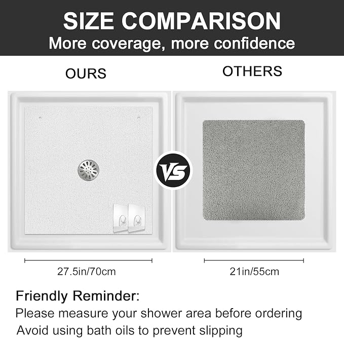 Extra Large Square Shower Mat for Inside Shower, 27 x 27 Inch Shower Floor Mat with Center Drain Hole, Designed for Walk-in Showers, Non-Slip Loofah Mat with Wide Coverage for Stable Standing
