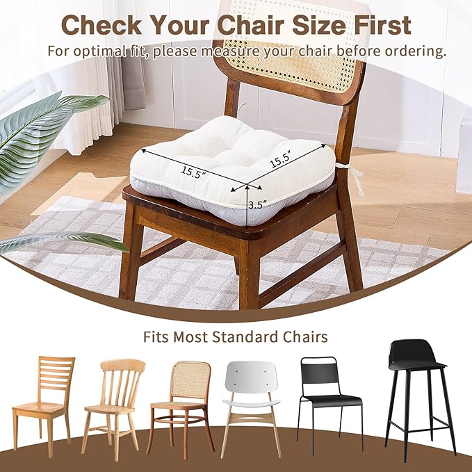 BETU White Chair Cushions for Dining Chairs Set of 2,3.5" Thick Kitchen Table Chair Pads with Ties,Non Slip Backing and Covers, Seat Cushion for Dining Room,Bar,Patio Chairs,15.5"X15.5"X3.5",White