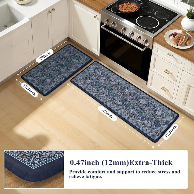 Collive Anti Fatigue Kitchen Mats, Cushioned Kitchen Rugs Set of 2 Waterproof Non Slip Desk Mat, Comfort Standing Rug Dark Blue Floral Carpet for Office, Sink, Laundry, 17.3"x29"+17.3"x47"