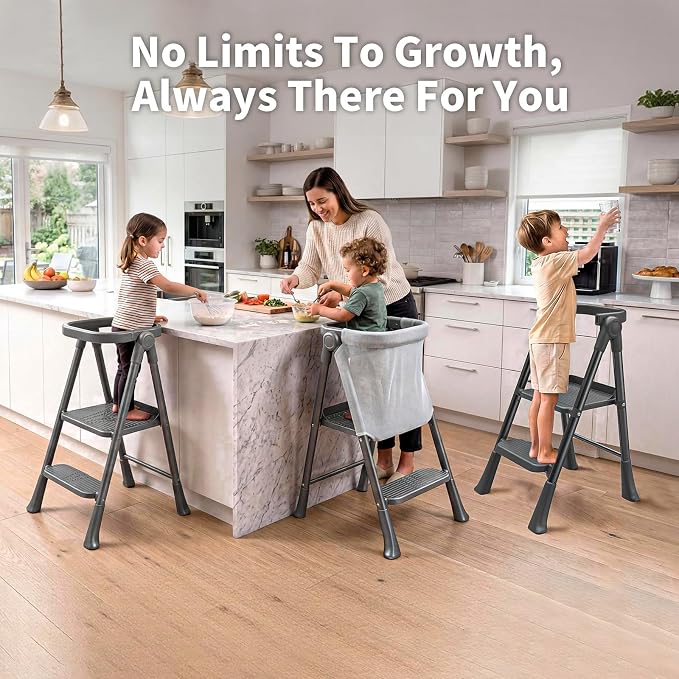 Toddler Step Stool Foldable, Kids Step Stools for Kitchen Counter, Foster Independence Learning Stool with Safety Guards&Net, Toddler Sturdy Standing Tower Kitchen Helper,Black