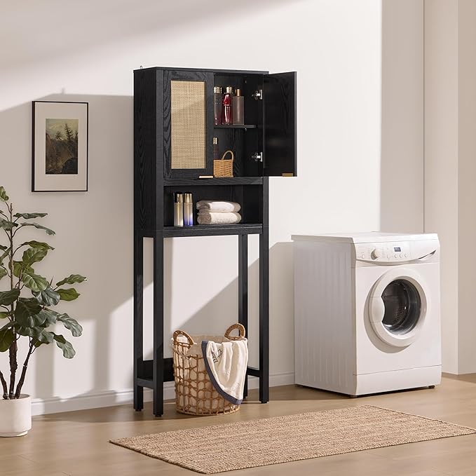 SICOTAS Over The Toilet Storage Cabinet with Rattan Door, Freestanding Bathroom Organizer with Adjustable Shelf, Space Saver Cabinet for Bathroom, Laundry Room, Restroom