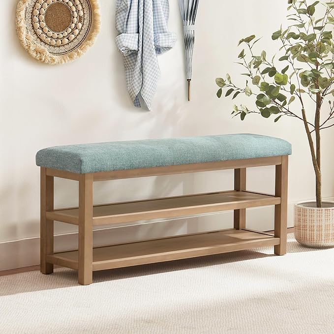 Zihanhome Shoe Rack Bench with Cushion, 2 Tier Solid Wood Storage Bench, Mid-Century Modern Shoe Bench for Entryway, Hallway, Closet, Front Door Entrance, Foyer (Teal, 46.5")