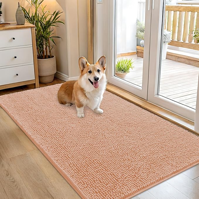OLANLY Dog Door Mat for Muddy Paws 54x32, Absorbs Moisture and Dirt, Absorbent Non-Slip Washable Doormat, Quick Dry Chenille Mud Mat for Dogs, Entry Indoor Entryway Carpet for Inside Floor, Peach