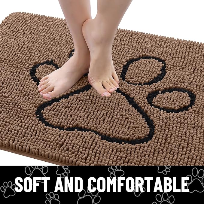 Smiry Dog Door Mat for Muddy Paws, Absorbent Dirt Trapper Non Slip Quick Dry Washable Chenille Mat for Mud Dogs, Entry Rug for Indoor and Outdoor (59x24 Inches, Coffee and Black)
