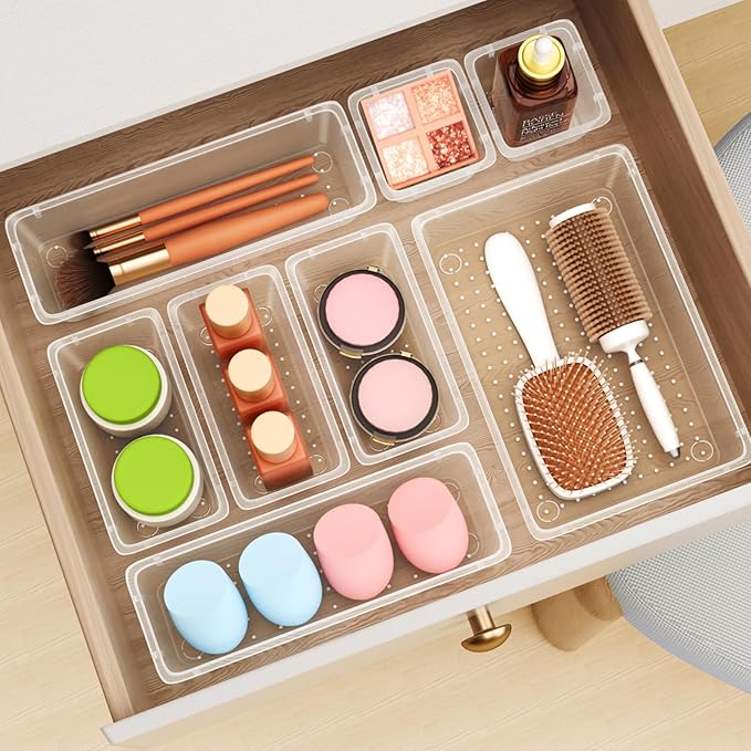 ElegantArray 36 PCS Drawer Organizer Set, 4 Sizes Tool Storage Trays, Clear Plastic Makeup Vanity Organizer and Storage Bins for Makeup, Stationeries, Multiple Gadgets for Bathroom, Office, Bedroom