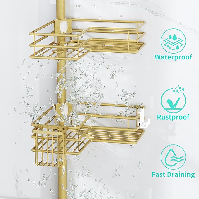 HapiRm Corner Shower Caddy Organizer - Shower Organizer Corner with Soap Holder, Toothbrush Holder and 4 Hooks, Rustproof Bathroom Shelf Tension Pole Available for 27.6 to 108.3 Inch - Gold