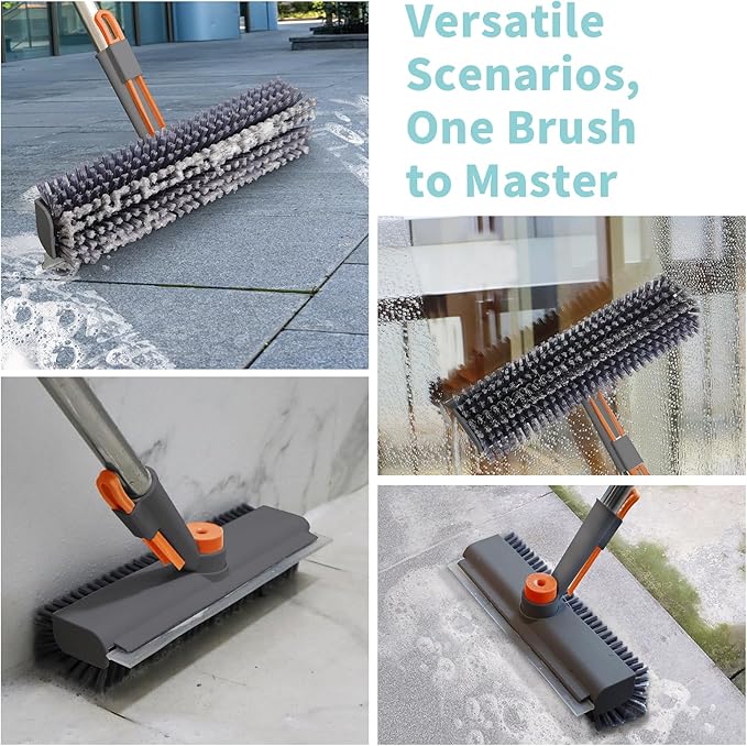 Floor Scrub Brush with Long Handle, 3 in 1 Scrape and Heavy-Duty Stiff Bristle Scrubber Brush for Cleaning Shower Bathroom, Patio, Pool, Garage, Kitchen, Wall and Deck (Gray, 1 Pack)