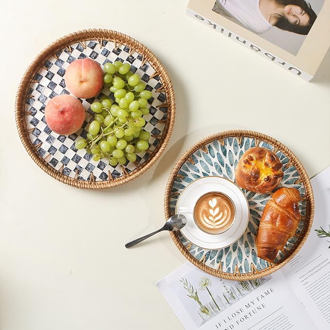 Round Rattan Tray with Mother of Pearl Inlay, Decorative Wicker Serving Tray with Wooden Base, Woven Basket Trays for Bread Fruits Coffee, Light Blue