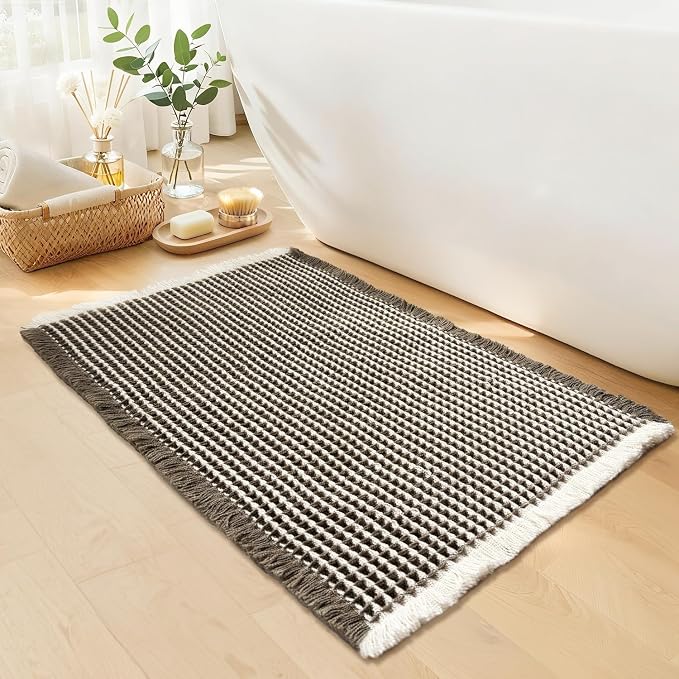 Waffle Bath Mat - Boho Bathroom Rugs Non Slip Washable, Super Absorbent & Quick Dry, Small Bath Mats Farmhouse Bathroom Decor, 18'' x 30'', Olive Green and White