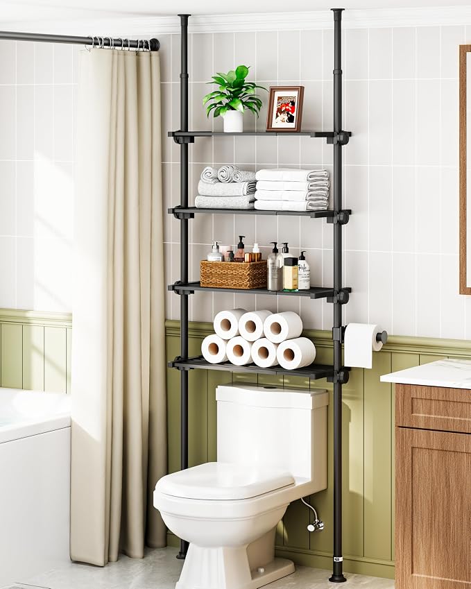 ALLZONE Adjustable Over The Toilet Storage Shelf, 4-Tier Ample Bathroom Organizer and Storage, Tension Mounted Above Toilet Storages Cabinet for Versatility, Fits 66-113 Inch Heights, Black