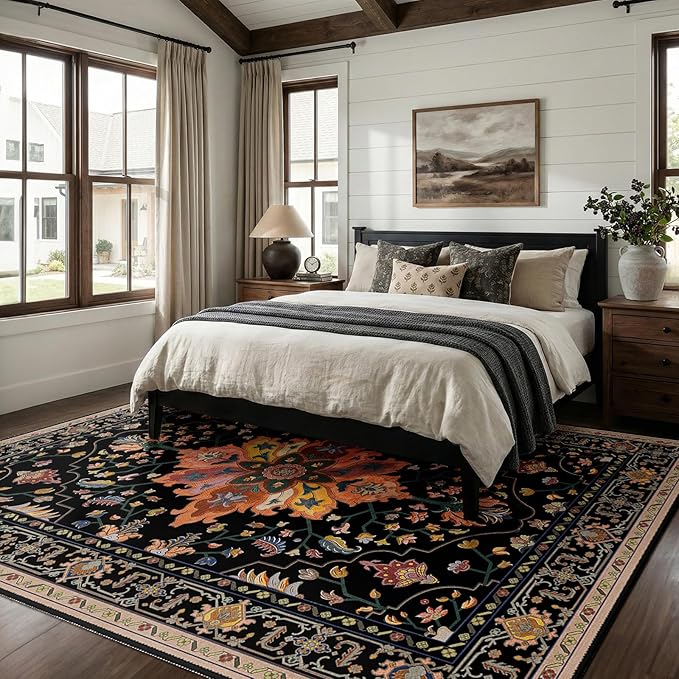 RELEANY Area Rugs Large 9'x12' Washable Non-Slip, Floral Vintage Distress Medallion Carpet for Living Room Bedroom Dining Room, Black Colorful Floral Dark Tan