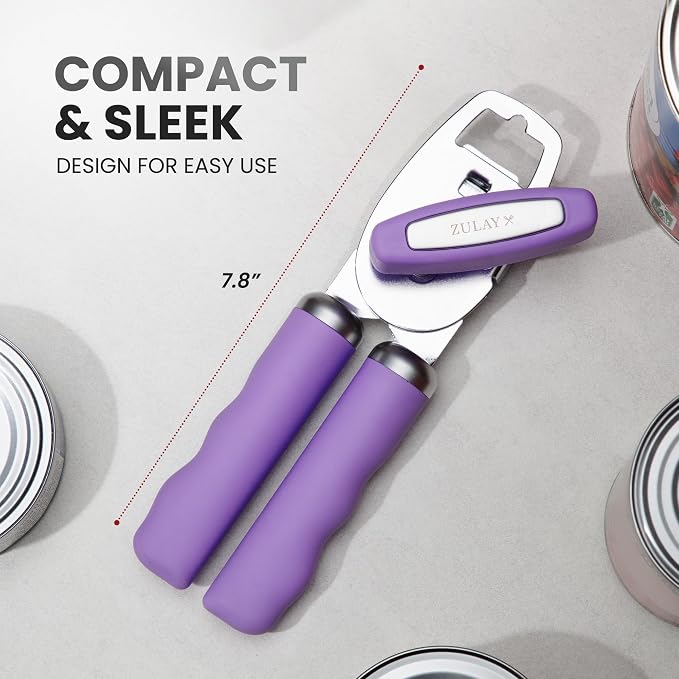 Zulay Kitchen Heavy Duty Stainless Steel Can Opener Manual with Bottle Opener - Rust Proof Manual Can Opener With Turn Knob & Comfy Soft Grip Handles - Lavender