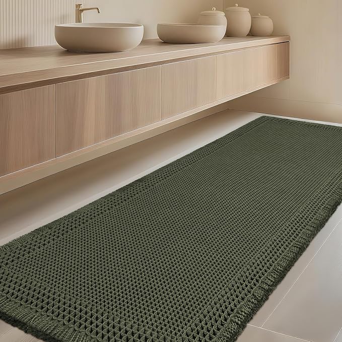 Extra Large Waffle Bath Mat, Boho Woven Modern Bath Rug Absorbent Non Slip, Ultra Soft Bathroom Mats, Machine Washable Knit Bath Rugs with Border for Bathroom, Bedroom, Kitchen, 6'x2', Dark Green