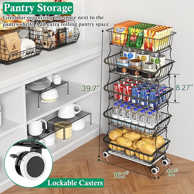 OKZEST 5 Tier Fruit Basket for Kitchen, Stackable Bins Wire Rack with Wheels, Fruit and Vegetable Storage Basket Pantry Food Snack Organizer Shelf, Kitchen Storage Cart for Onion and Potato, Produce