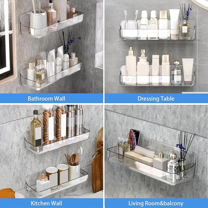 Diesisa 2pc Acrylic Wall Mount Organizer, Adhesive Shelf, Bathroom Shelves for Wall, Self Adhesive Organizer, Shower Caddies, No Drilling Hang Wall,with 3pack Tapes, for Bathroom, Kitchen, Living Room