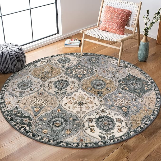 Lahome Moroccan Washable Round Rugs, Soft Vintage Round Rug 4ft, Distress Circle Carpet for Entryway Bathroom Bedroom, Non Slip Low Pile Stain Resistant Accent Rug Elise, Grey