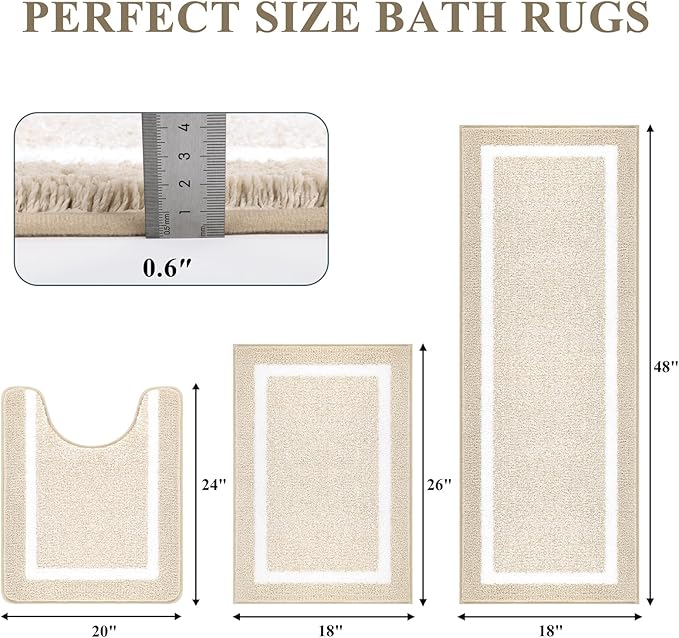 Pauwer Bathroom Rugs Sets 3 Piece Bathroom Shower Rugs with U-Shaped Contour Toilet Mat Absorbent Microfiber Plush Bath Mats Non Slip Bath Rugs Machine Washable Shaggy Bath Floor Mats, Light Beige