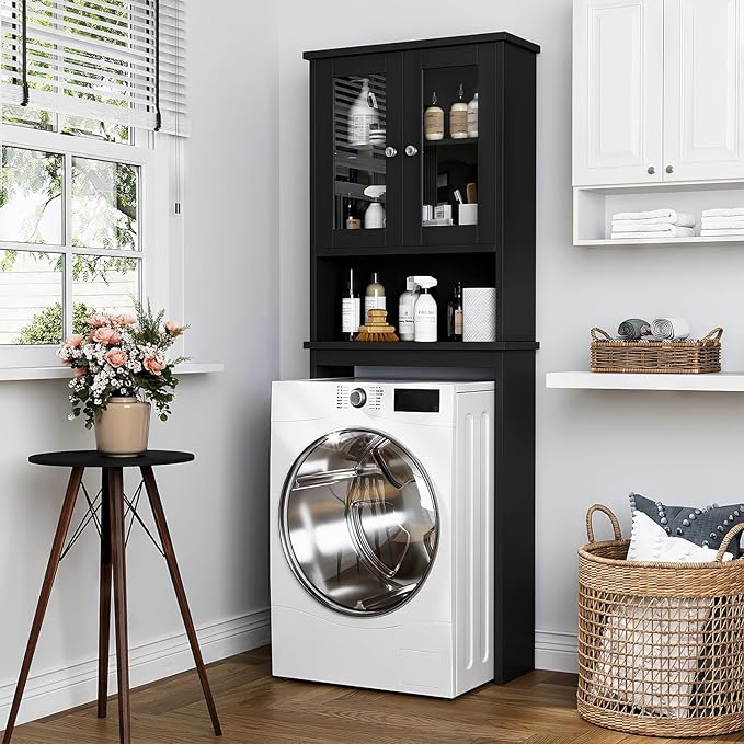 Over The Toilet Storage Cabinet for Bathroom, Black Storage Organizer Over Toilet, Space Saver with 2 Tempered Glass Doors, Black