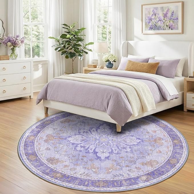 RELEANY Area Rugs Round 8ft Washable Non-Slip, Floral Vintage Distress Medallion Carpet for Living Room Bedroom Dining Room, Light Purple Brown