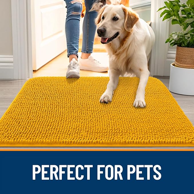 OLANLY Dog Door Mat for Muddy Paws 59x24, Absorbs Moisture and Dirt, Absorbent Non-Slip Washable Doormat, Quick Dry Chenille Mud Mat, Entry Indoor Entryway Carpet for Inside Floor, Golden Yellow