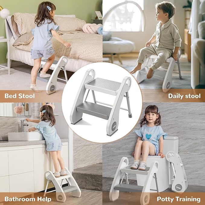 UNCLE WU Foldable Step Stool for Toddlers (10.6" High) - Portable Mini 2-Step Steel Frame Stool for Bathroom Sink, Potty Training & Kitchen - Anti-Slip, Space Saving Travel Size, Supports 200lbs