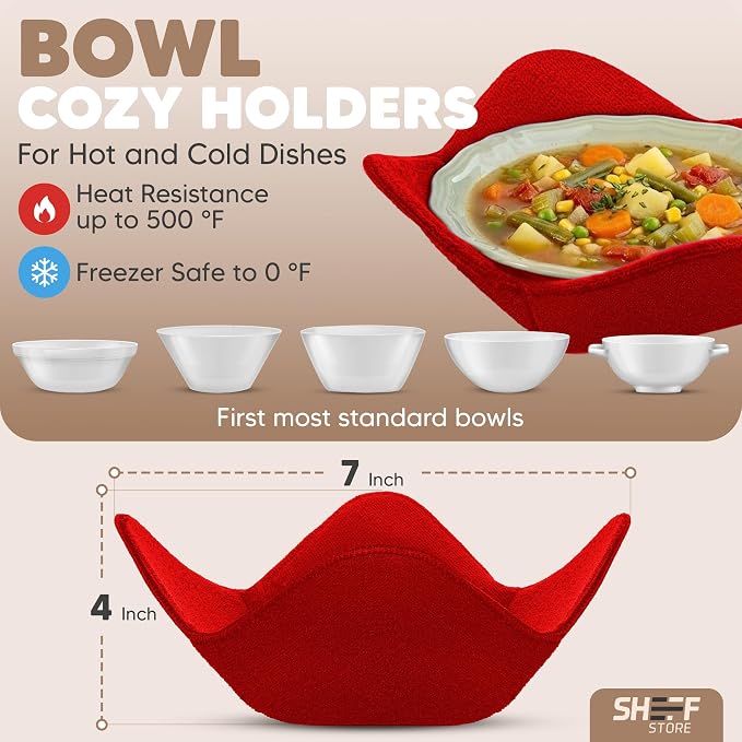 Sheff Microwave Bowl Cozy Holders Set of 4 - Durable and Reliable for Hot and Cold Plates and Dishes - Ideal Household Gift (Red, 7 inch)