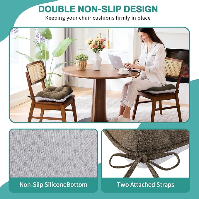 BETU Chair Cushions for Dining Chairs Set of 2,3.5" Thick Kitchen Table Chair Pads with Ties,Non Slip Backing and Covers, Seat Cushion for Dining Room,Bar,Patio Chairs,15.5"X15.5"X3.5",Brown