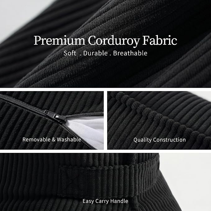 Pat. Pend. Corduroy Lumbar Support Pillow for Sitting, Triangle Cushion for Sofa, Couch or Bed, Reading Pillow for Gaming, Watching TV & Relaxing, Lamp Black