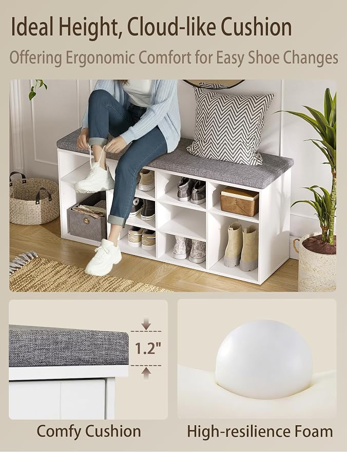 DINZI LVJ Shoe Storage Bench with Cushion, Cubby Shoe Rack with 12 Cubbies, Adjustable Shelves, Multifunctional Shoe Organizer Bench for Entryway, Mudroom, Hallway, Closet and Garage, White