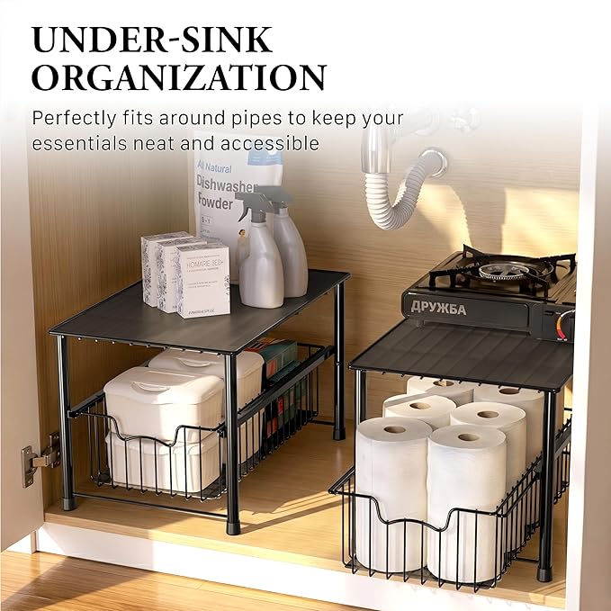 Simple Houseware Stackable Under Sink Cabinet Sliding Basket Organizer Drawer, Black