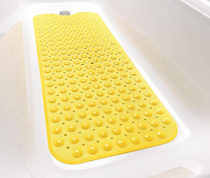 Extra-Long Non-Slip Bathtub & Shower Mat 39”x16” (Smooth/Non-Textured Tubs Only) Safe, Clean, Machine-Washable, Superior Grip&Drainage, Vinyl, Opaque Yellow