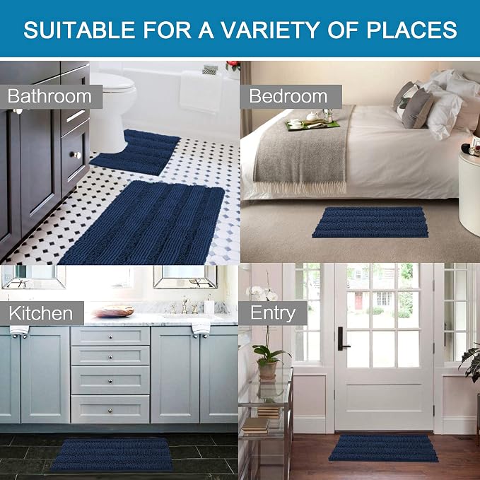 H.VERSAILTEX Bathroom Rugs Bath Rug Set 2 Piece Bathroom Contour Rug Toilet Mat Sets Non Slip Contour Bath Rug Ultra Thick Water Absorbent Striped Bath Mats Washable(36" x 24" Plus 20" x 24" U, Navy)