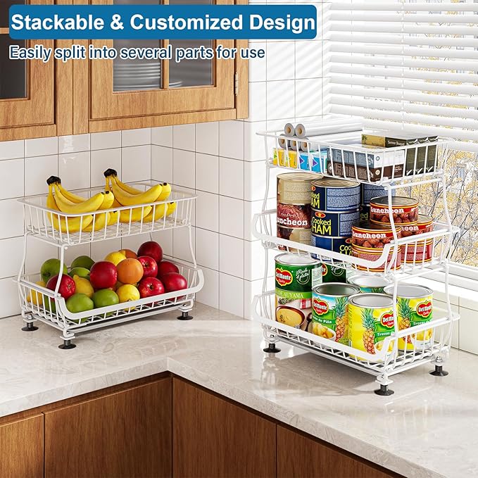 OKZEST 3-Tier Rolling Pantry Floor Organizer and Storage Cart with Wheels, Stackable Wire Pantry Baskets for Pantry Shelves, Kitchen Storage Rack and Fruit Basket Stand for Fruit Snack Onion Potato