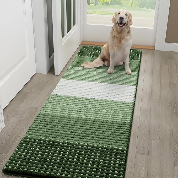 Kitinjoy Indoor Outdoor Door Mat, 59x20 Non-Slip Absorbent Dirt Trapper, Low-Profile Washable Inside Entrance Front Floor Mat, Sturdy Soft Entry Dotted Ombre Doormats for Entryway, Green